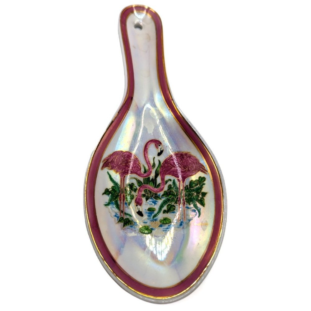 Vintage Iridescent Pink Flamingo Spoon Rest 8.5" Long Ceramic